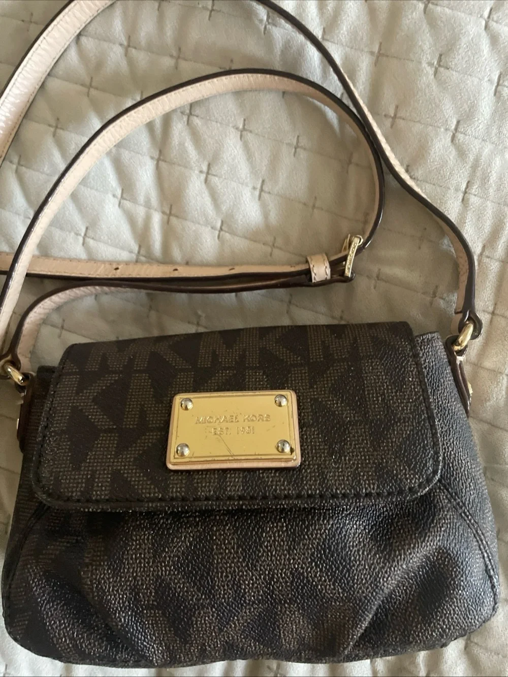 Michael Kors Brown Logo Crossbody with Pale tan Strap and Gold Plaque